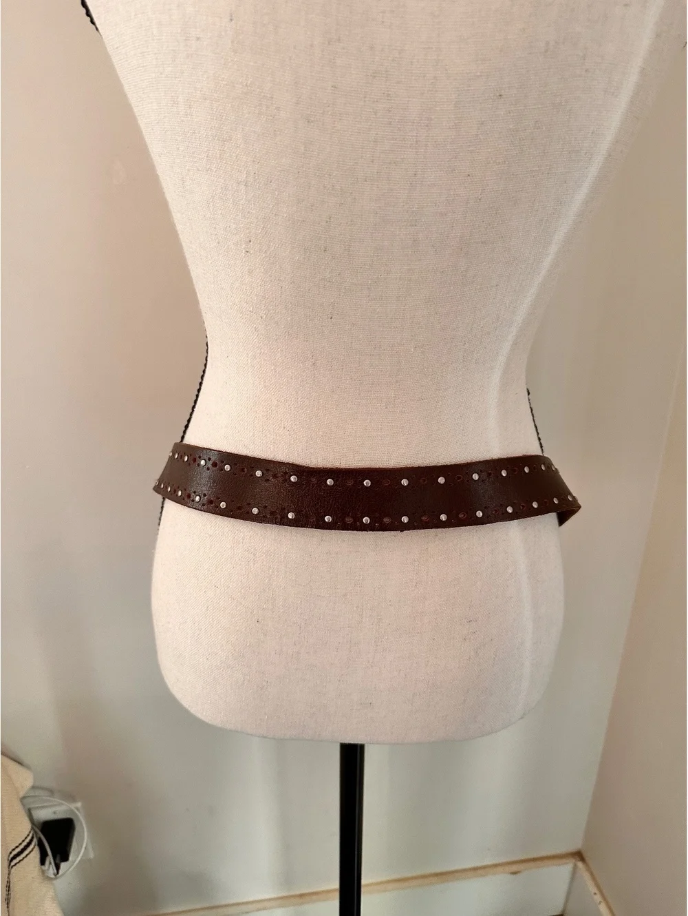 Brown Leather Belt with Silver Eyelets and Round Buckle, Approximately 42 Inches